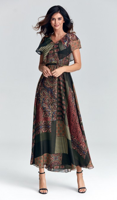 Sukienka maxi z falbaną w patchworkowy wzór