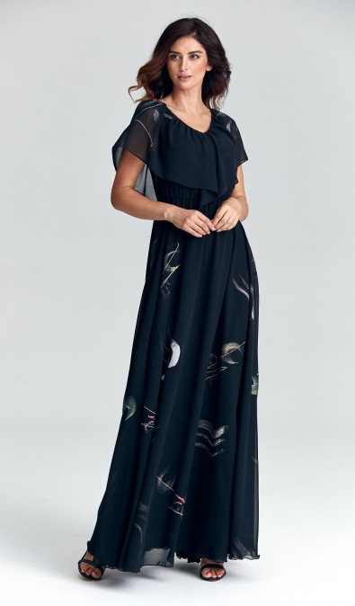Sukienka maxi z falbaną w abstrakcyjne wzory